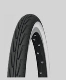Michelin City'J children's bike tire showing a durable urban bike tire with tread pattern for city riding on a black rubber surface.