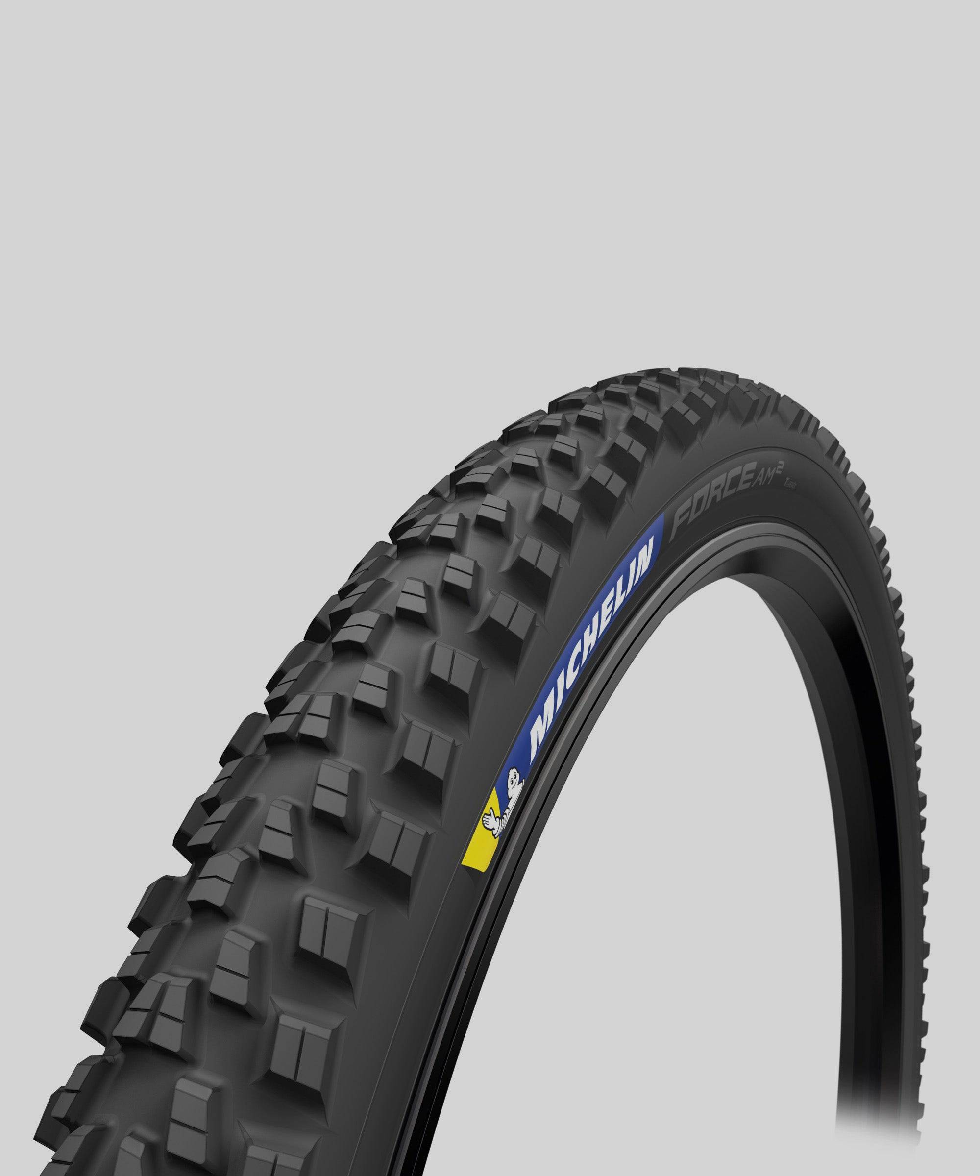 Michelin Force AM² tubeless-ready all mountain tire for mixed and hard-pack trails, shown mounted on bicycle wheel.