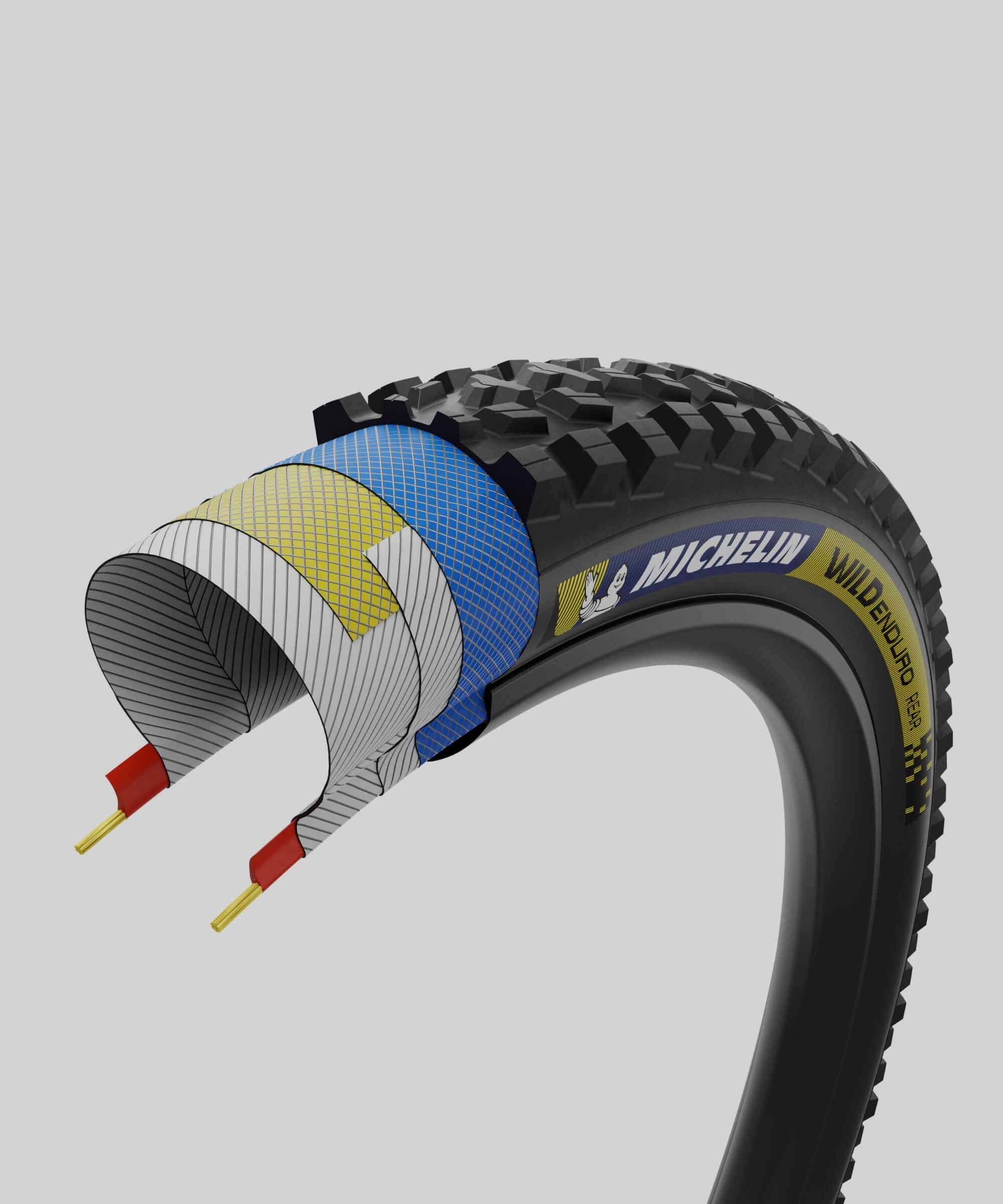 Michelin Wild Enduro Rear Racing Line 29-inch tubeless-ready mountain bike tire mounted on wheel, showcasing tread pattern and sidewall.