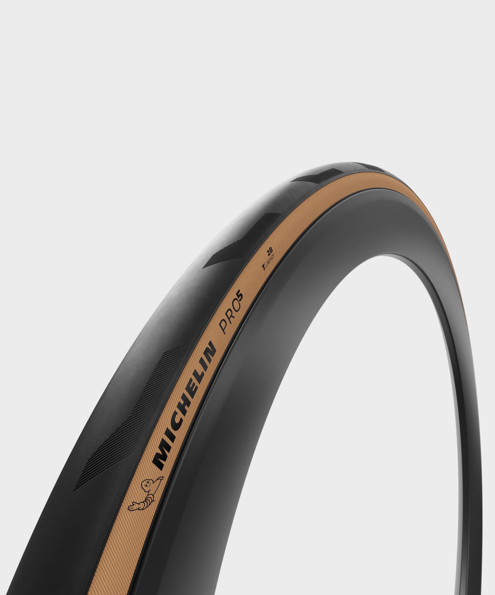 Michelin Pro 5 tubeless ready road bike tire with durable, fast, high grip asphalt tread, shown mounted on a bike wheel.