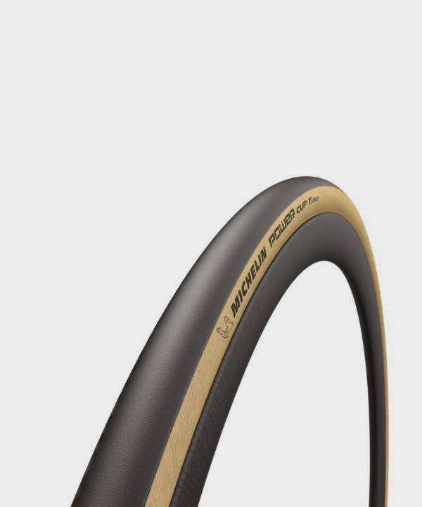 Michelin Power Cup tubeless-ready road tyre with MotoGP™ technology and Gum-X compound, designed for high-performance cycling.
