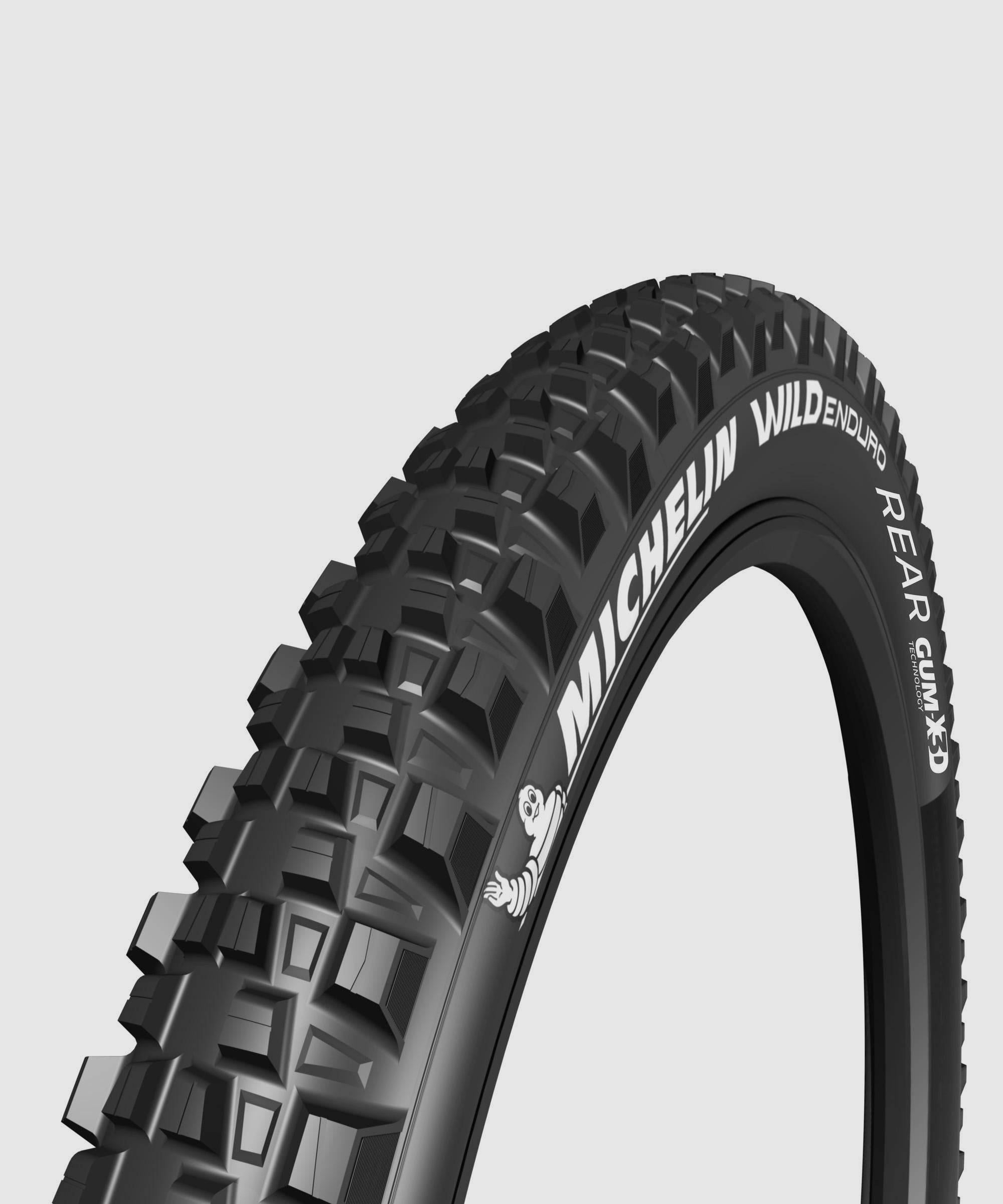 Michelin Wild Enduro Gum-X rear tubeless-ready mountain bike tyre with Gravity Shield casing, designed for rugged off-road riding.