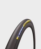 Michelin Power Cup tubular tire for high-performance road racing bikes, showing close-up of tread and sidewall details.