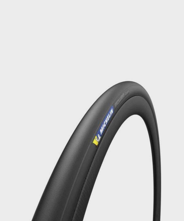 Michelin Power Cup high performance road cycling tyre mounted on a wheel, showcasing its sleek tread and sidewall design.