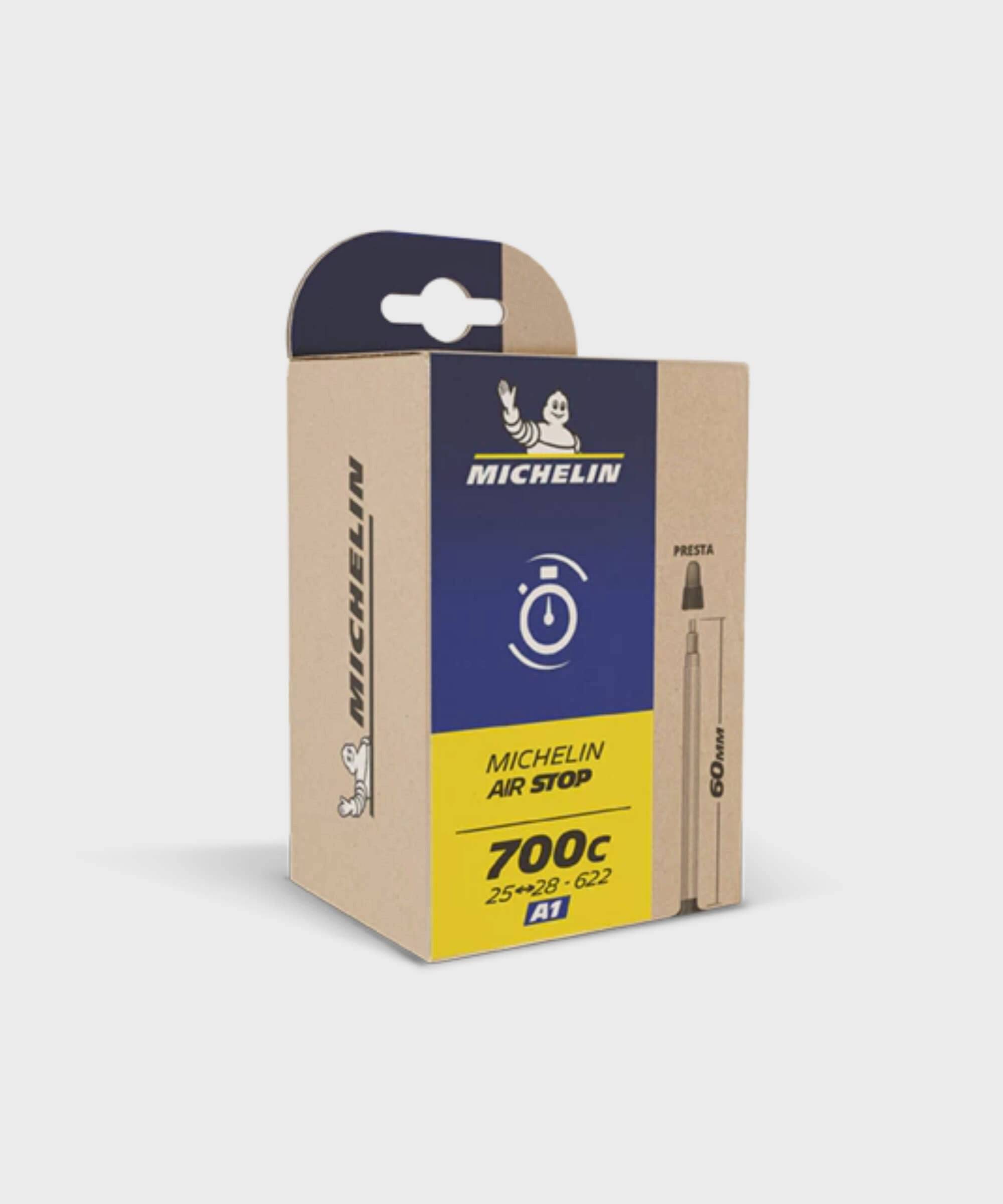 Michelin Airstop Road Inner Tube with Presta and Schrader valves for bicycle tires, component for bike maintenance.