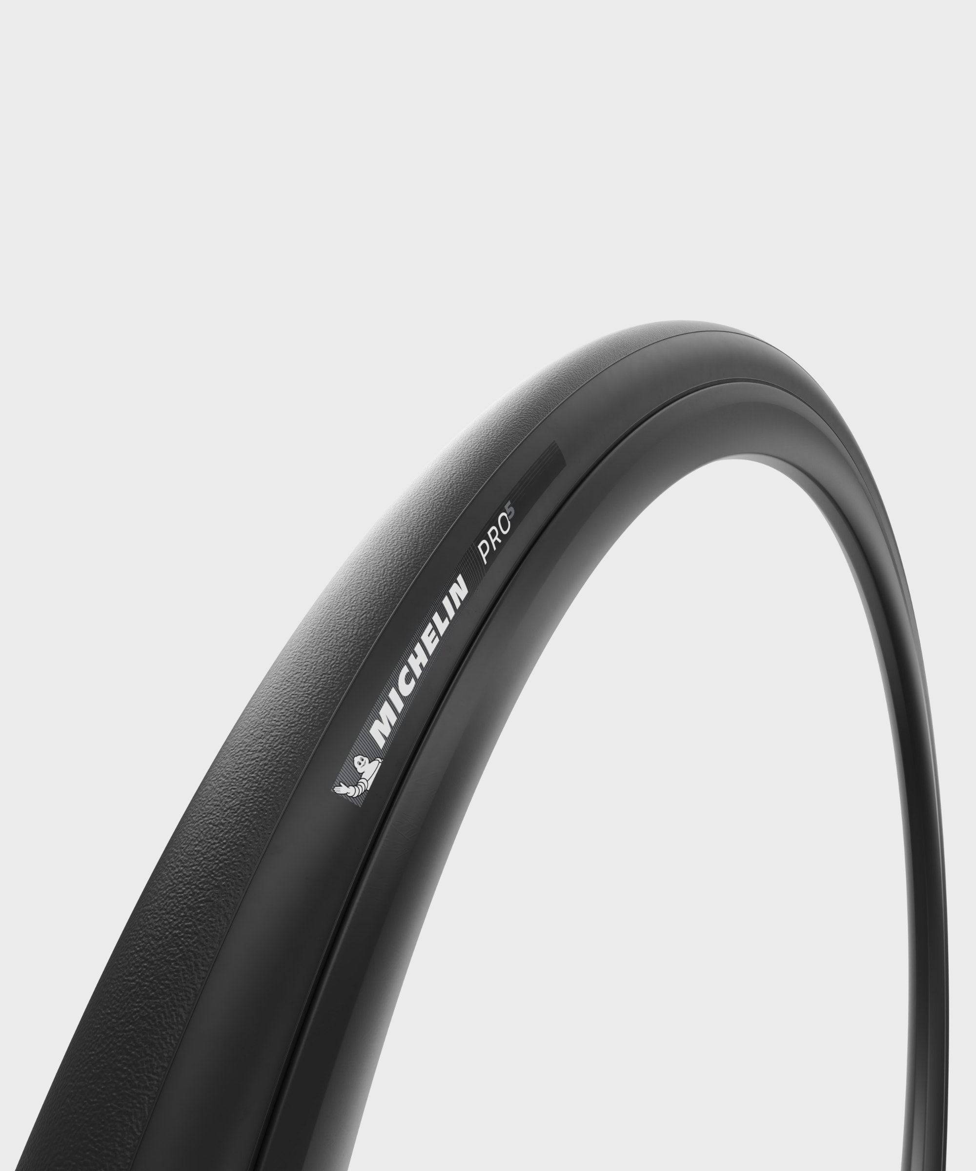 Michelin Pro 5 tubeless-ready road bike tire with high grip tread and durable rubber for fast asphalt cycling.