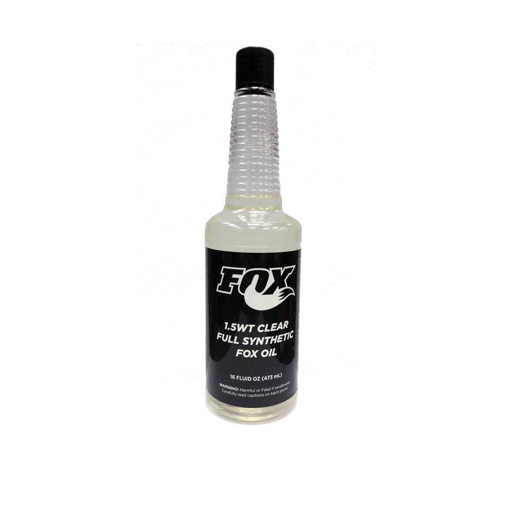 Fox AM Oil 1.5 WT 16oz clear suspension oil for forks and shocks, showing a 16oz bottle with Fox branding and transparent liquid.