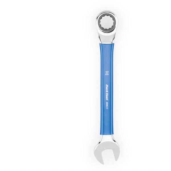 Park Tool MWR-17 ratcheting metric wrench with 17mm box end, two-way ratchet for workshop bicycle maintenance.