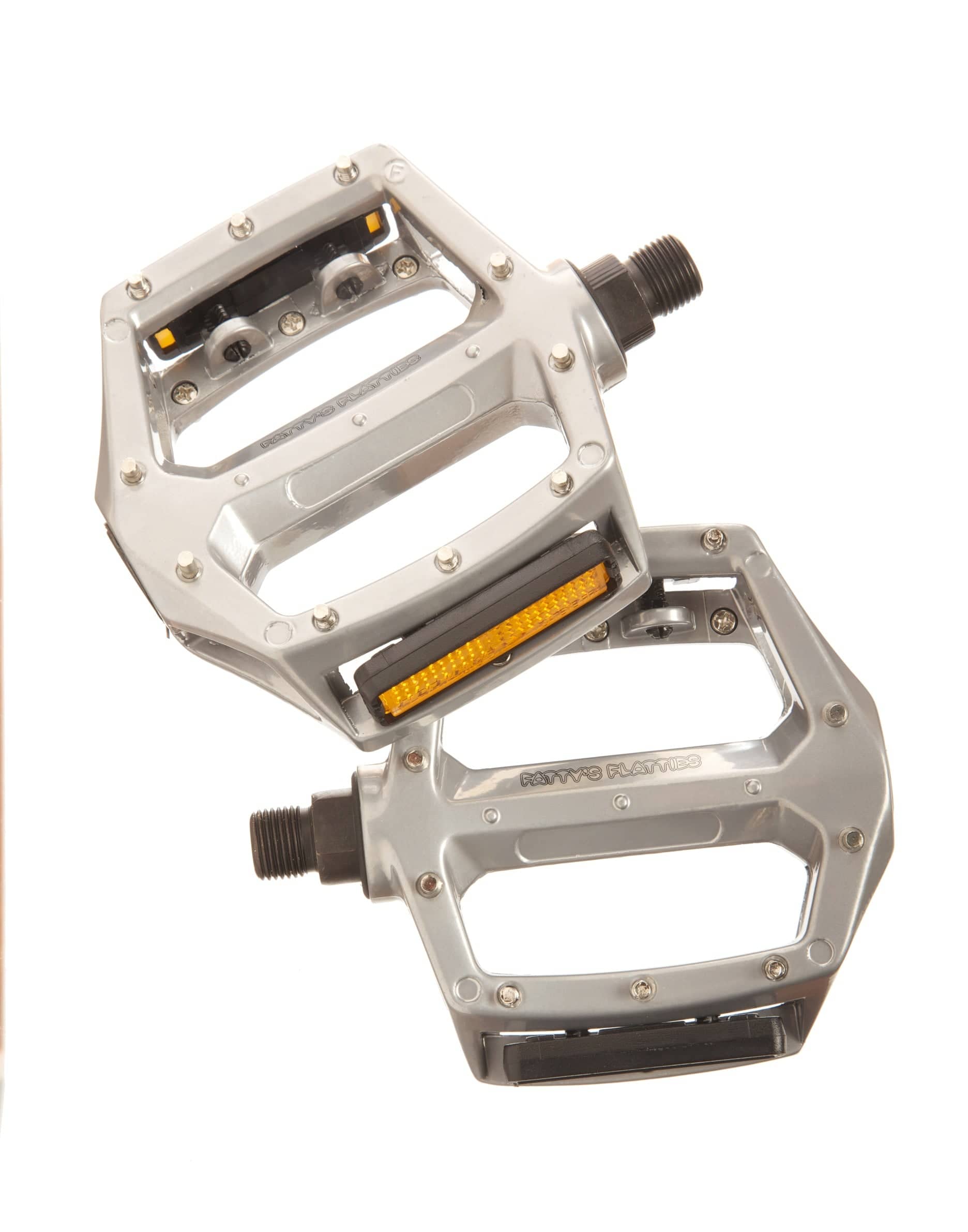 Fat Spanner Fattys Flatties Dobber silver alloy flat pedals with pins, durable bike components for mountain and BMX riding.