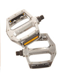 Fat Spanner Fattys Flatties Dobber silver alloy flat pedals with pins, durable bike components for mountain and BMX riding.