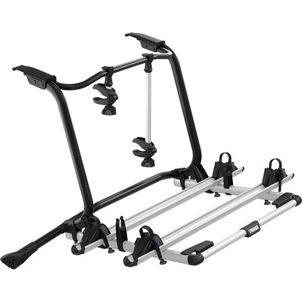 Thule WanderWay rear-mount 2-bike carrier attached to Volkswagen T6 van, showing the sturdy bike racks and mounting hardware.