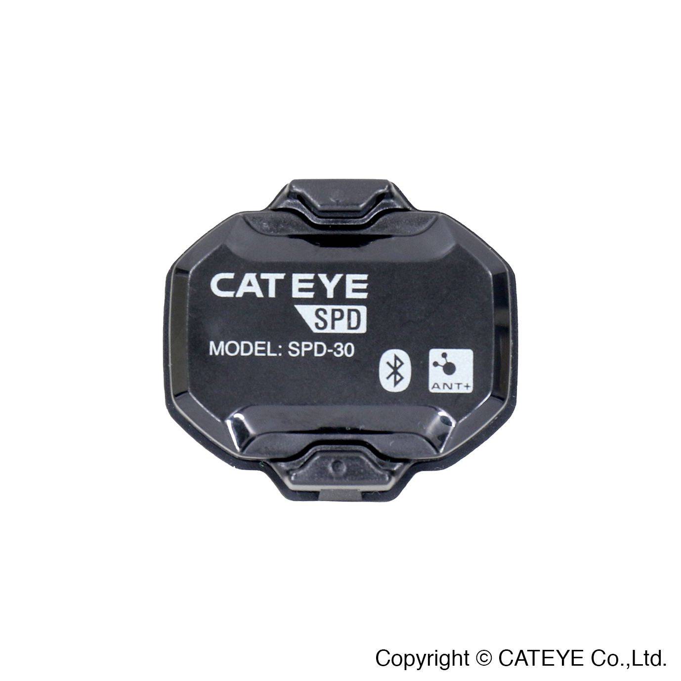 Cateye magnetless speed sensor with Bluetooth and ANT+, waterproof IPX7, designed for bike accessories, shown attached to bicycle wheel.