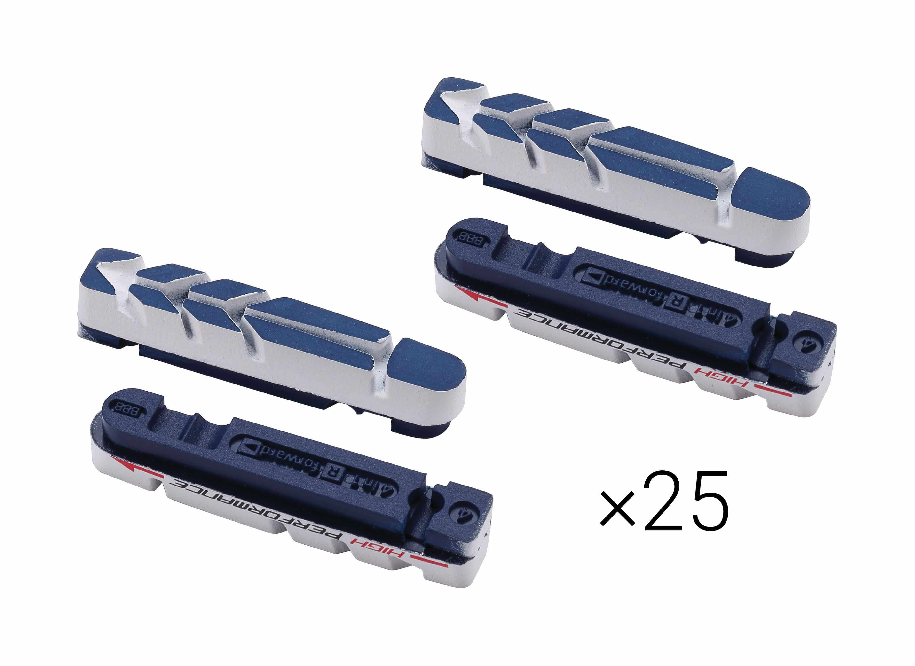 BBB BBS-28HPOE UltraStop 4-in-1 high-performance brake shoes, bulk pack of 25 sets, for bicycle braking components.