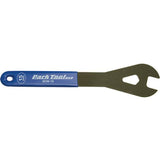 Park Tool SCW-15 15mm shop cone wrench for bicycle wheel maintenance, shown in a workshop setting.