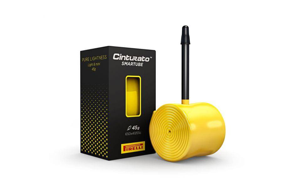 Pirelli Cinturato Smartubes 700x28-35mm inner tube for gravel and endurance bikes, shown inflated with valve visible.