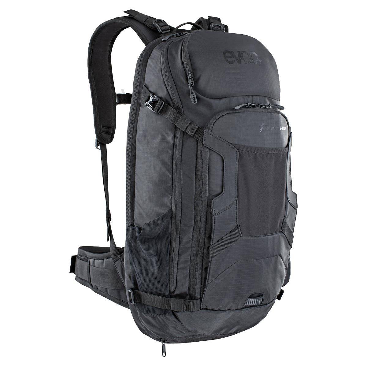EVOC FR Trail E-Ride Protector Backpack with hydration reservoir and battery compartment, designed for cycling accessories.