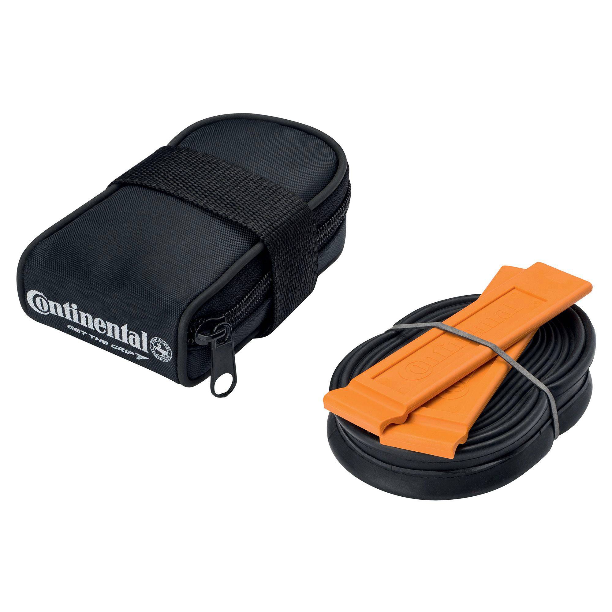 Continental Road saddle bag with race 700 x 20-25 tire, 60mm valve tube, and 2 tyre levers in black, cycling accessories.