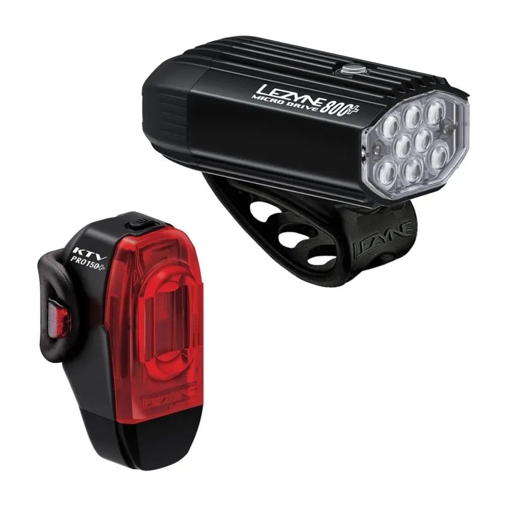 Lezyne Micro Drive 800+ front and KTV Drive Pro+ rear bike lights set in black, compact LED bike lighting accessories.