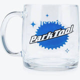 Park Tool MUG-7 glass mug with logo, 370ml capacity, microwave and dishwasher safe, designed for cycling enthusiasts.