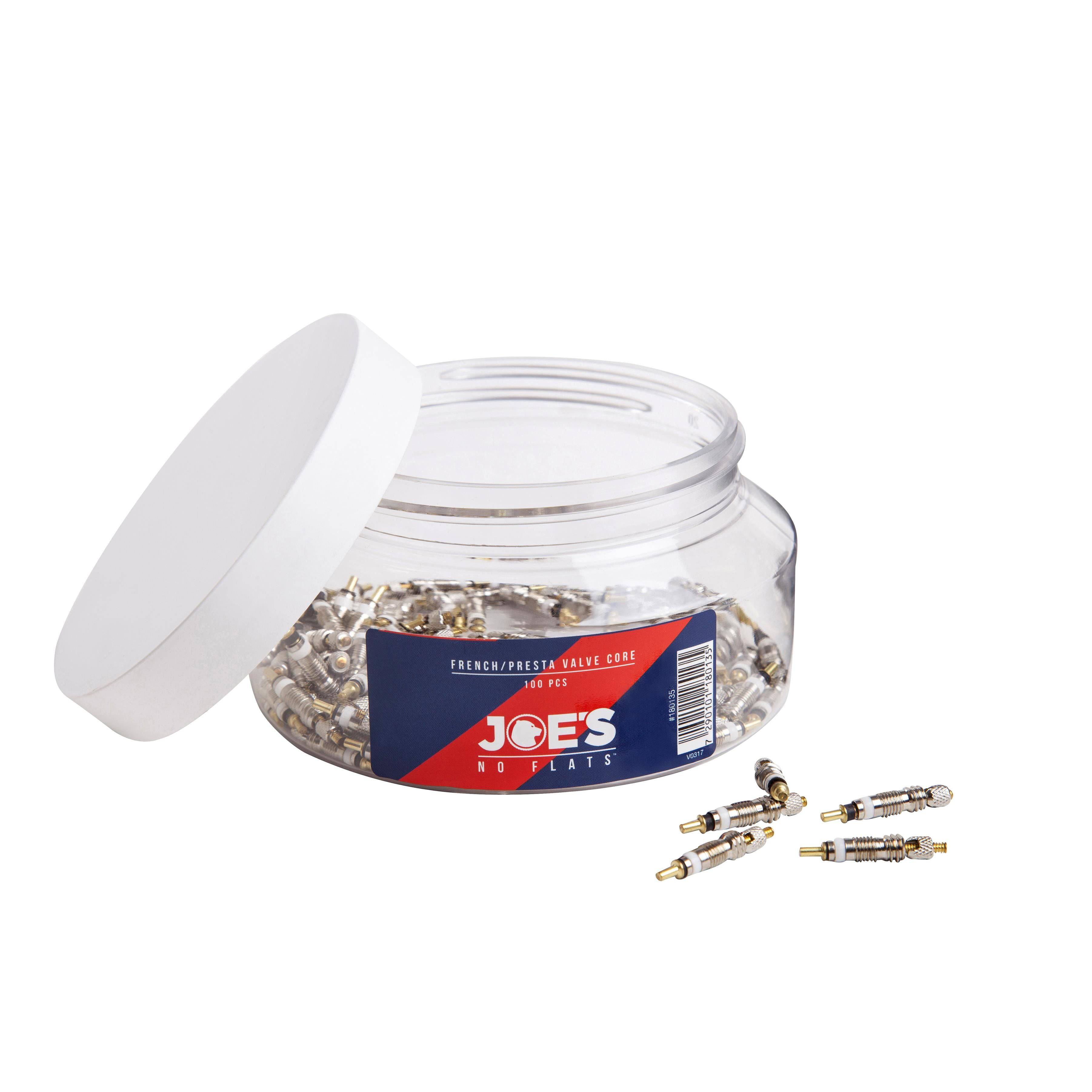 Set of 100 Joe's No Flats Presta valve cores for bike tubeless tires, durable bike components for reliable valve performance.