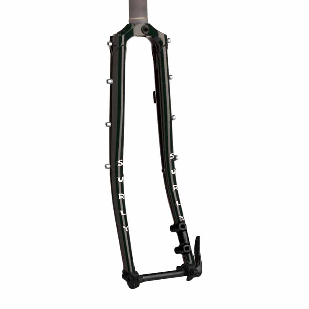 Surly Disc Trucker thru axle fork for 26" and 700c wheels with flat mount brake mount, black steel bike component.