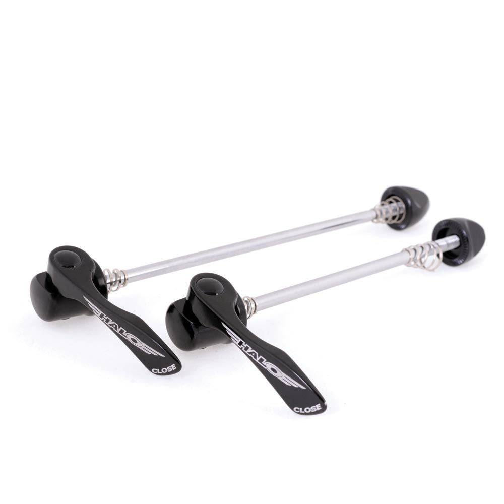 Halo Road Race quick release skewers with alloy handles and chrome-plated shafts for bike wheel security.