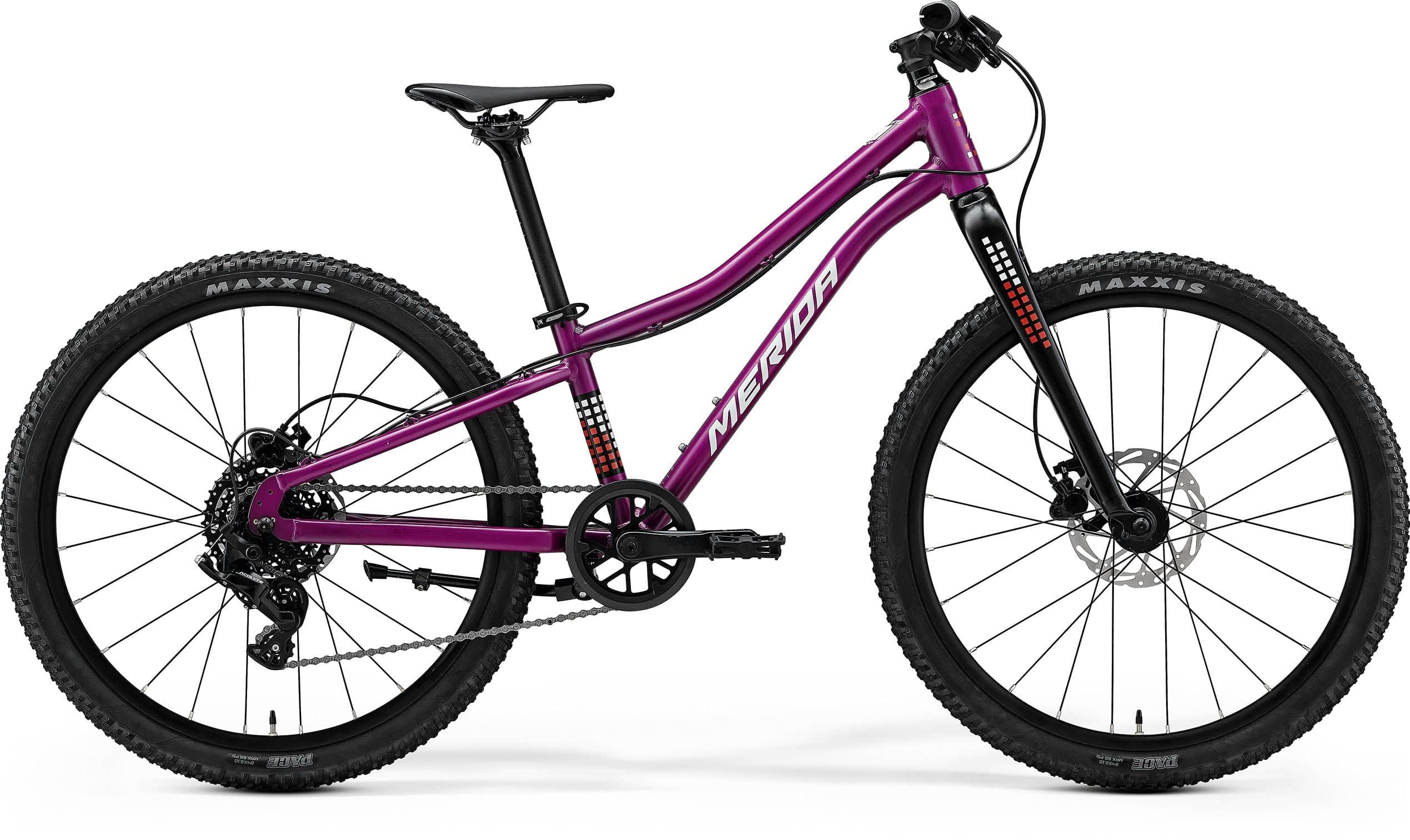 Merida Matts J.24+ kids mountain bike with adjustable stem and 1x drivetrain, featuring a sturdy frame and knobby tires for off-road riding.