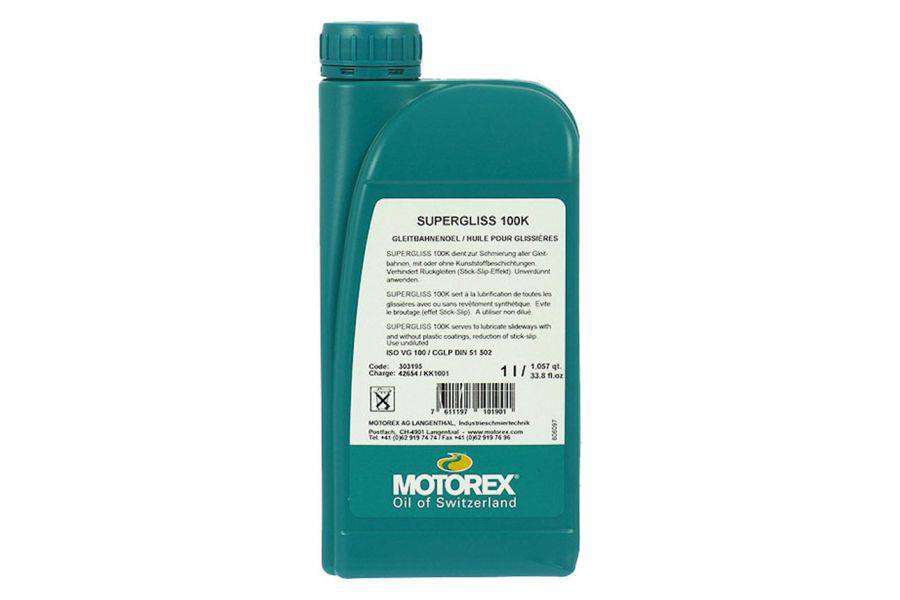 Motorex Supergliss K oil for fork bushings, a high-performance suspension lubricant used in workshops for motorcycle maintenance.