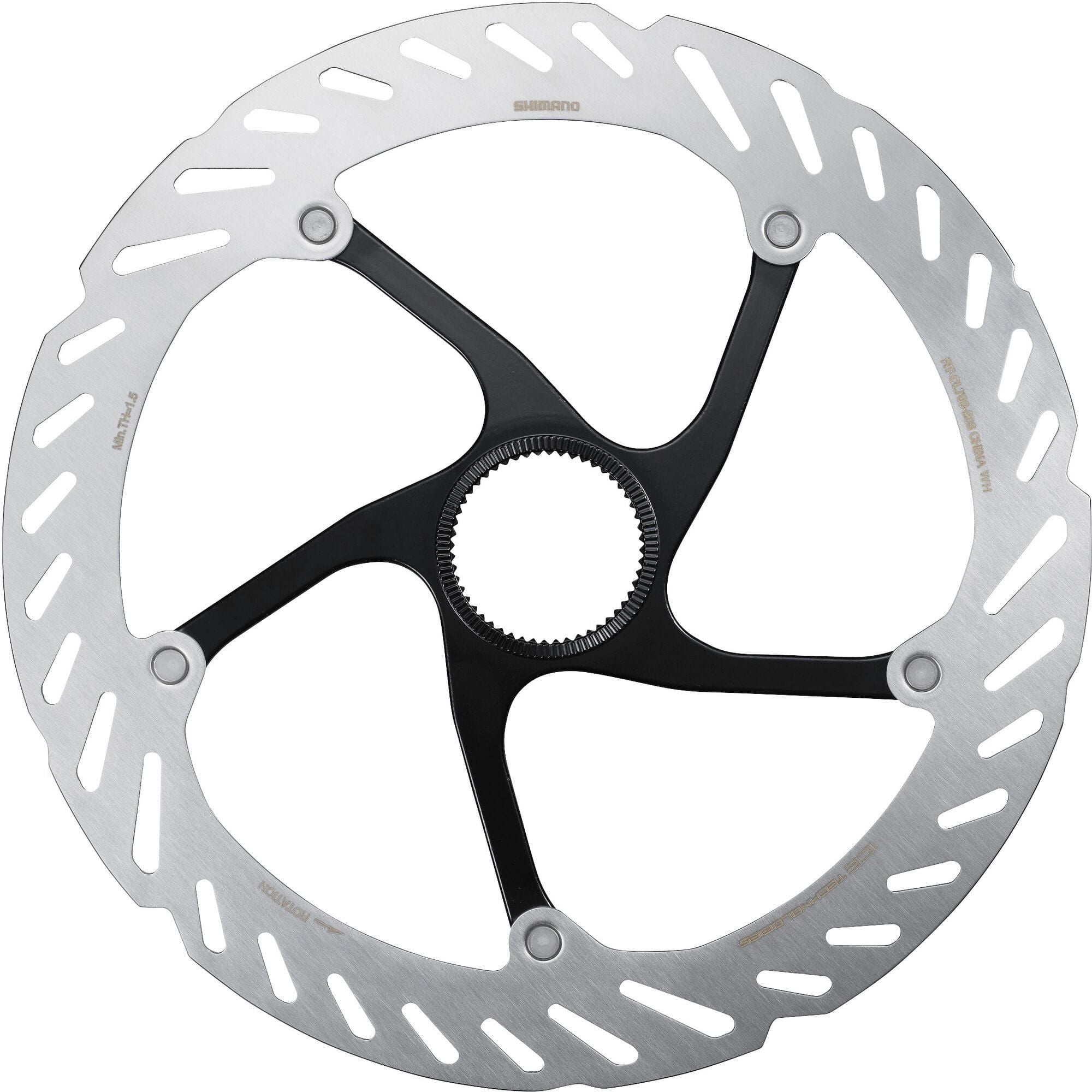Shimano RT-CL700 Ice Tech Centerlock rotor with internal lockring for bicycle braking systems, showing the rotor's detailed surface.