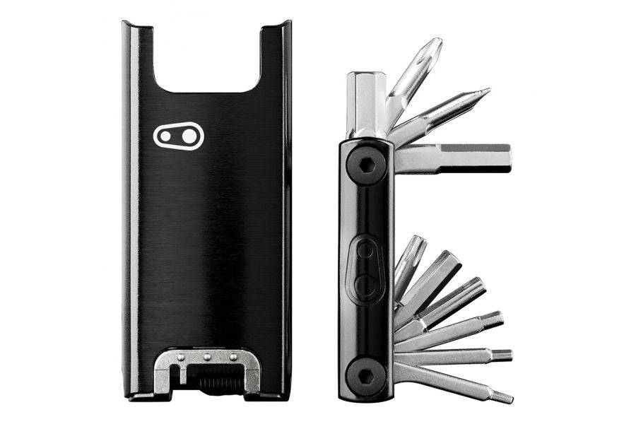 Crankbrothers F15 black compact bike multi-tool with magnetic case, including 15 essential tools for bike repairs and maintenance.