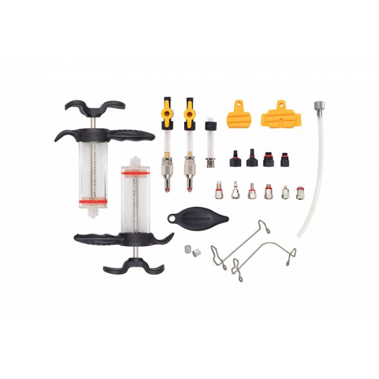 Jagwire Elite Mineral Oil Hydraulic Disc Brake Bleed Kit with syringes and bleed blocks for bike workshop maintenance.