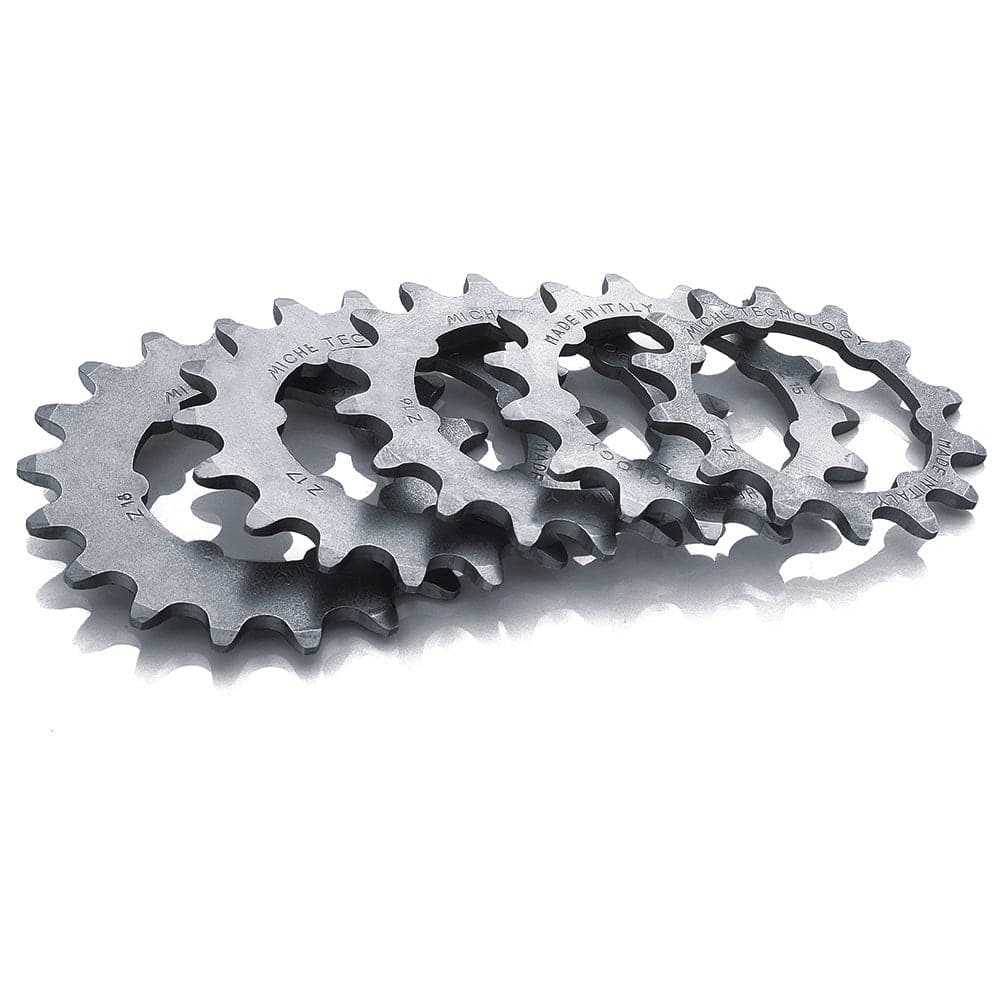 Miche Track fixed gear sprockets for bicycle components, showing close-up of the sprockets with detail on teeth and branding.