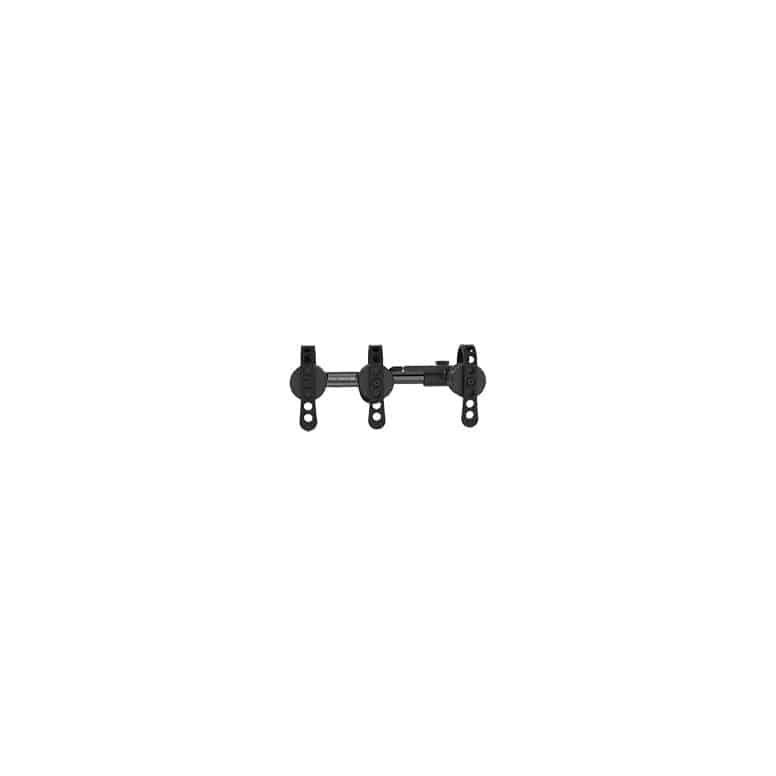 Topeak Bike Truss 3x black adjustable clamp for bike repair stand stability, shown attached to a workshop bike repair setup.