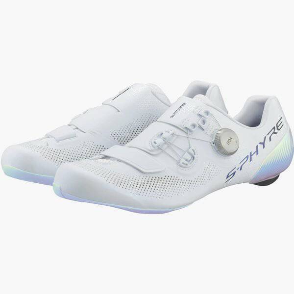 Shimano S-PHYRE RC9 PWR road cycling shoes with BOA Li2 closure system, black with sleek design and branding.