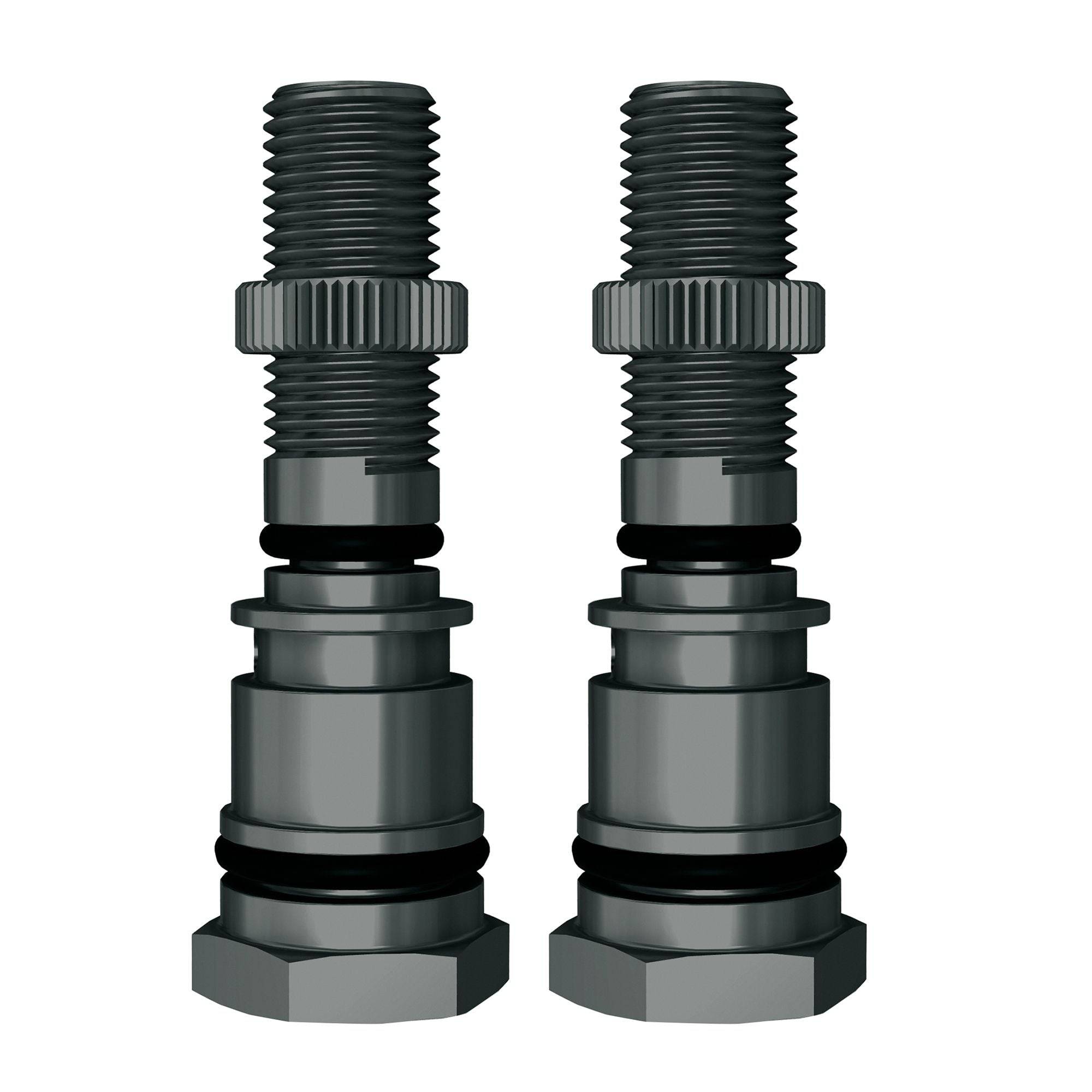 Pair of SKS Airspy replacement Schrader valves for bike pumps, durable cycling accessories, shown in close-up image.
