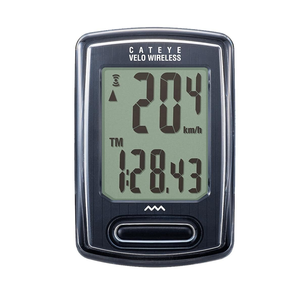 CatEye Velo Wireless Plus bike computer in black, showing speed and distance readings on the digital display.
