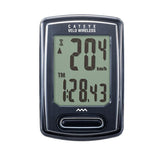 CatEye Velo Wireless Plus bike computer in black, showing speed and distance readings on the digital display.