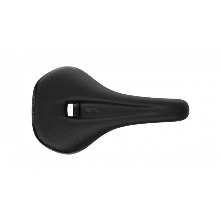 Ergon SM Pro men's mountain bike saddle with ergonomic pressure relief design, showcasing its sleek, lightweight components.