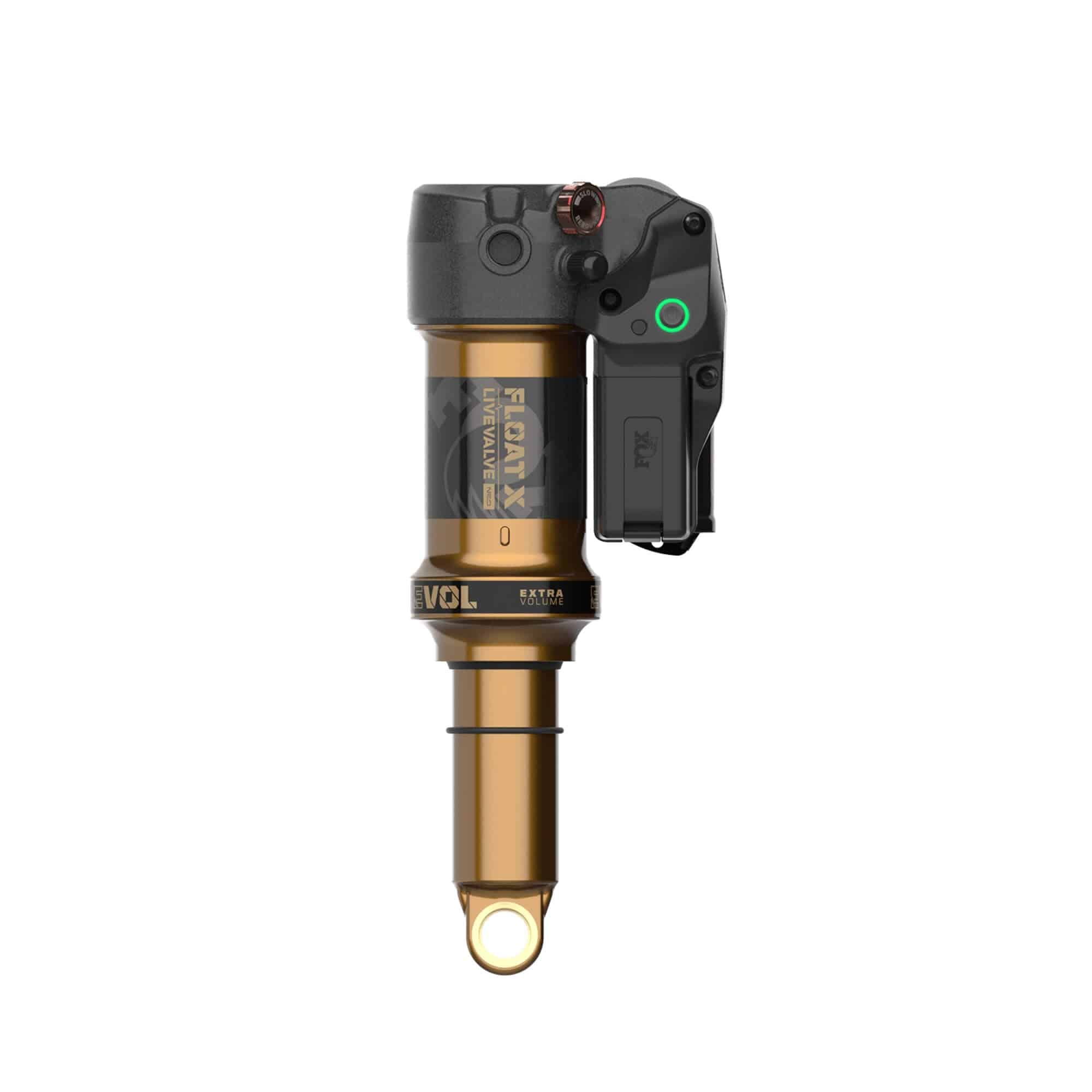 Fox Float X Live Valve Neo rear shock for MTB with sensor, showcasing the high-performance suspension component for mountain biking.