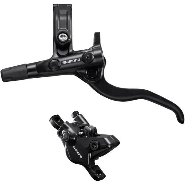 Shimano Deore hydraulic brake lever and 2-pot post mount caliper for mountain bikes, black components with detailed branding.