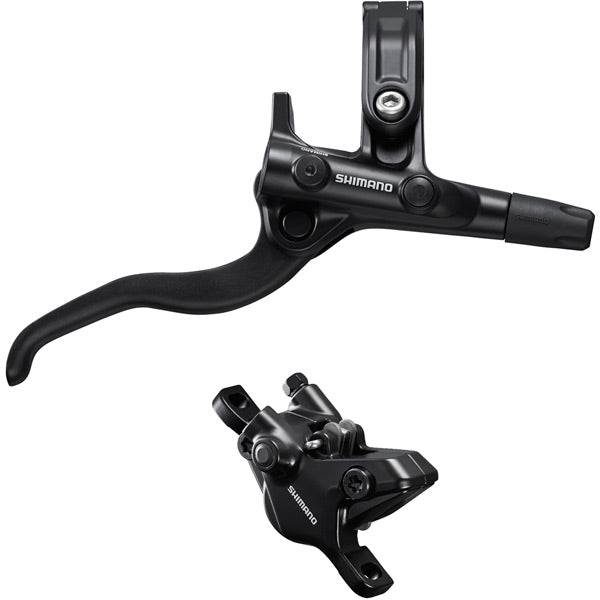 Shimano Deore MT410 hydraulic brake lever and post mount 2-pot caliper for mountain bike components, shown in black with mounting hardware.