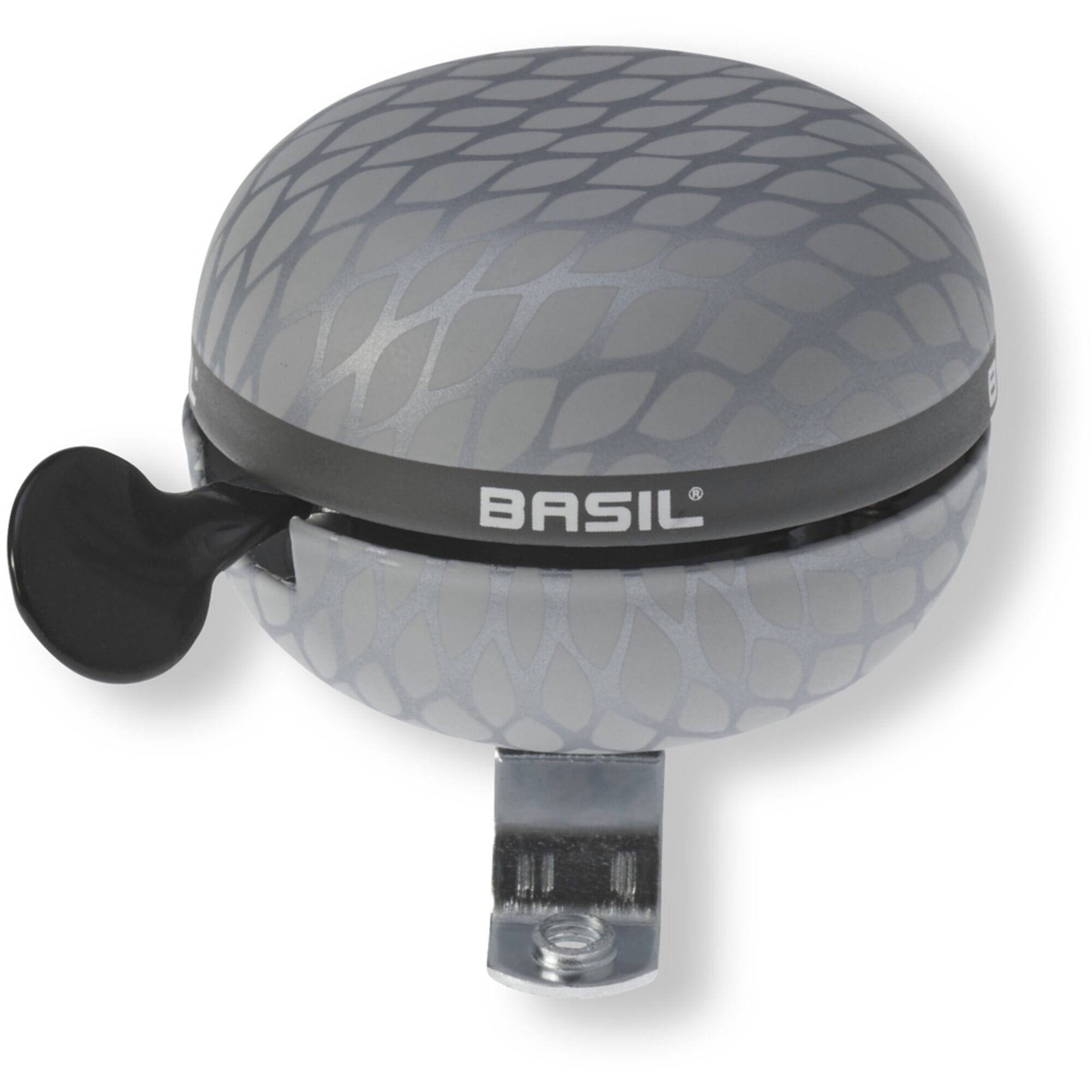 Basil Noir silver metallic bicycle bell with snakeskin design, 60mm size, for urban riding accessories.