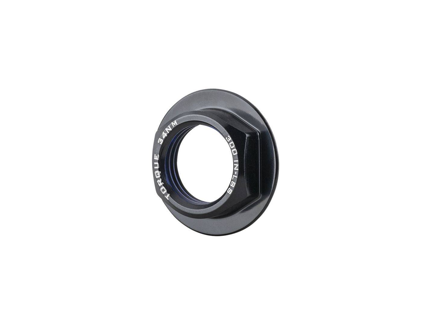 Black Trek M16 x 6mm main pivot axle nut for full-suspension bikes, component part with threaded design and durable finish.