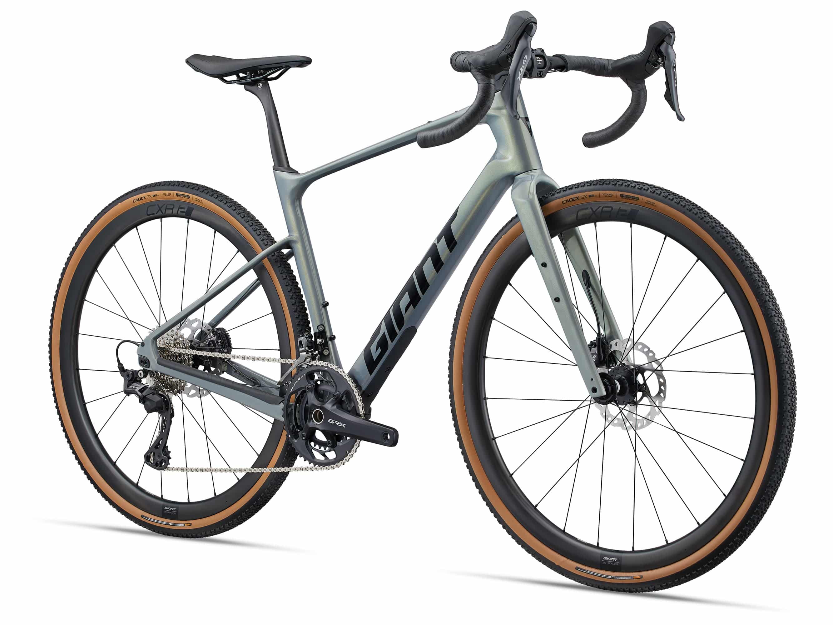Giant Revolt Advanced 0 gravel bike with adjustable wheelbase and integrated storage, shown with sleek frame and knobby tires.