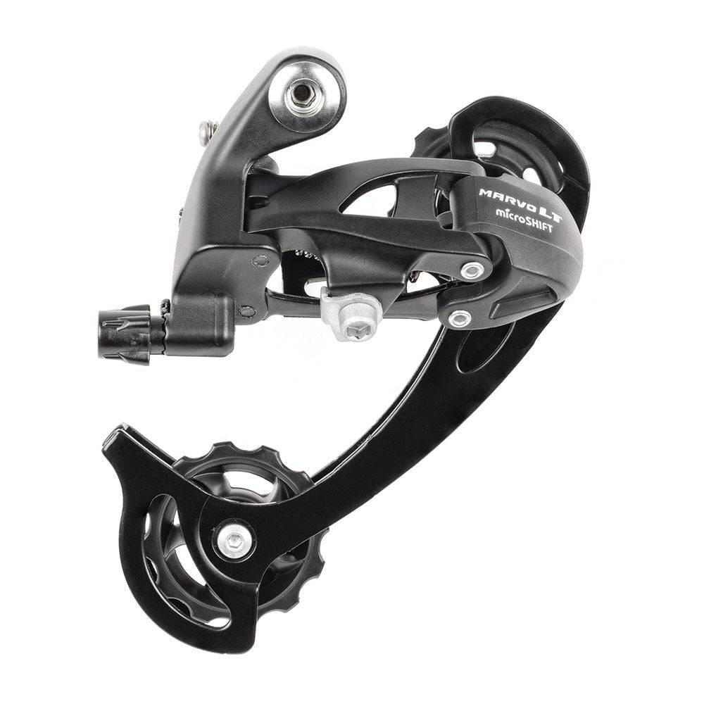 MicroSHIFT Marvo 9-speed long cage rear derailleur for MTB and trekking bikes, showing the black component with mounting hardware.
