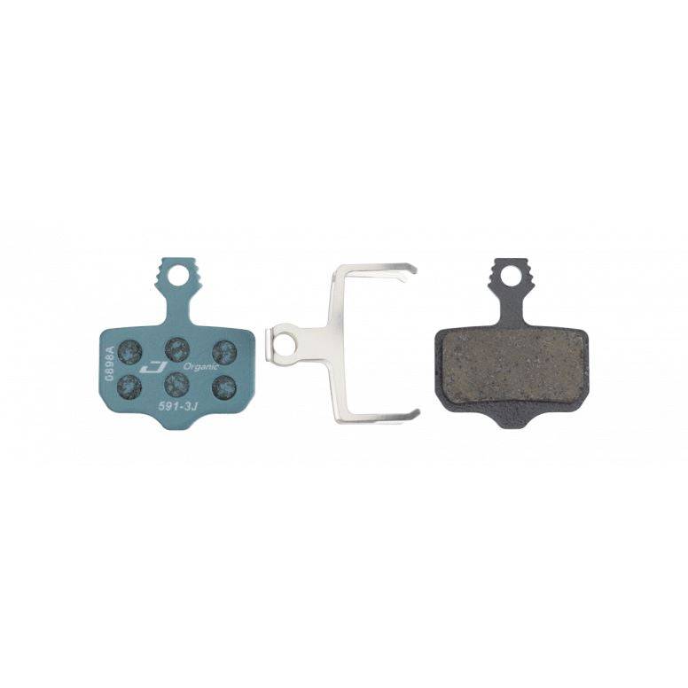 Jagwire Sport Organic disc brake pads for SRAM AXS Road and Avid Blue Sport bike components, shown in a close-up image.