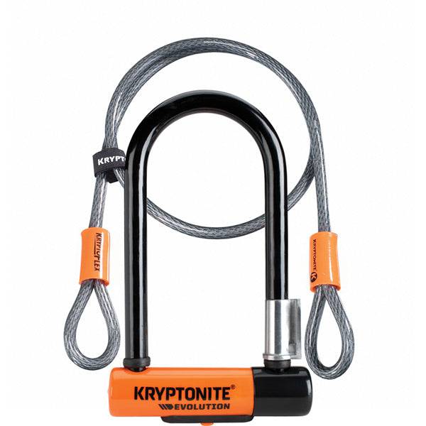 Kryptonite Evolution Mini 7 U-Lock with 4ft cable and Flexframe bracket, sold Secure Gold bike lock accessory, close-up view