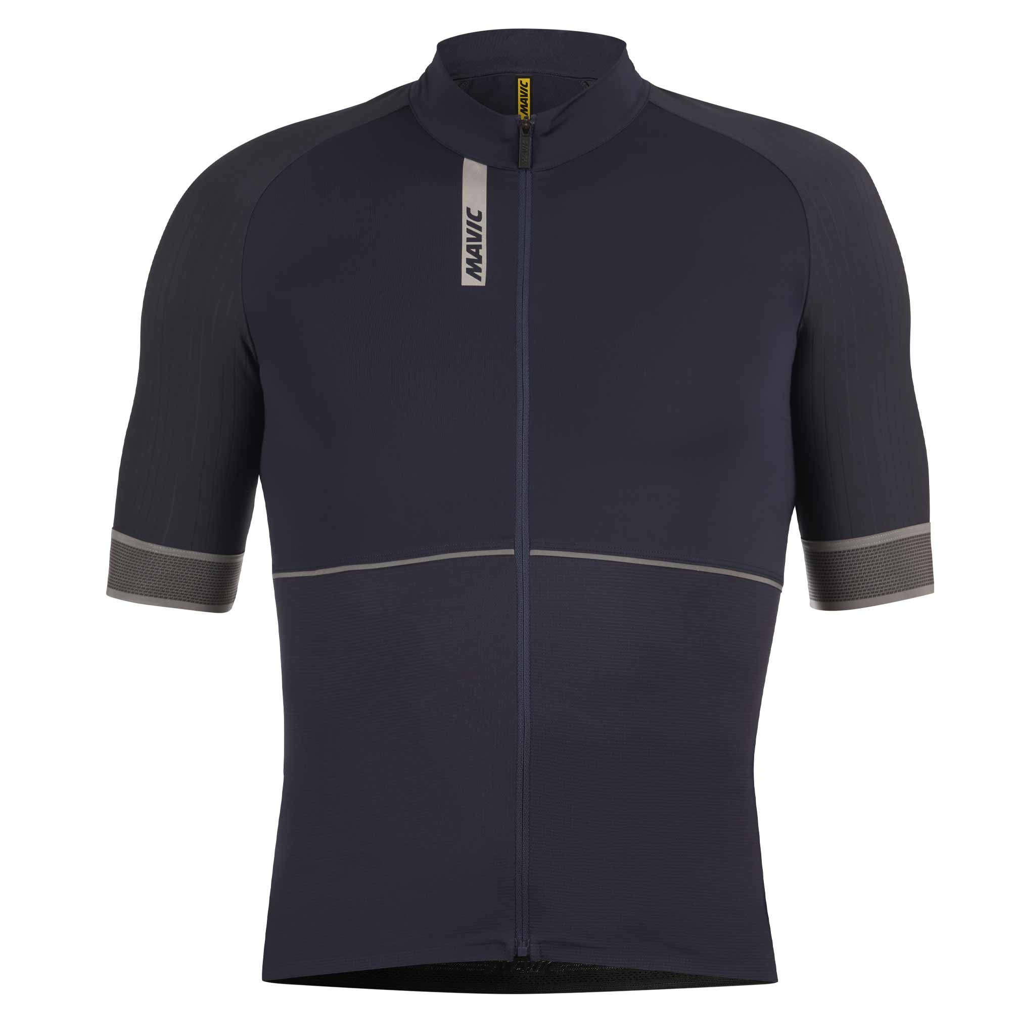Mavic Ksyrium short sleeve cycling jersey showing UV protection, reflective details, and breathable fabric for active cycling.