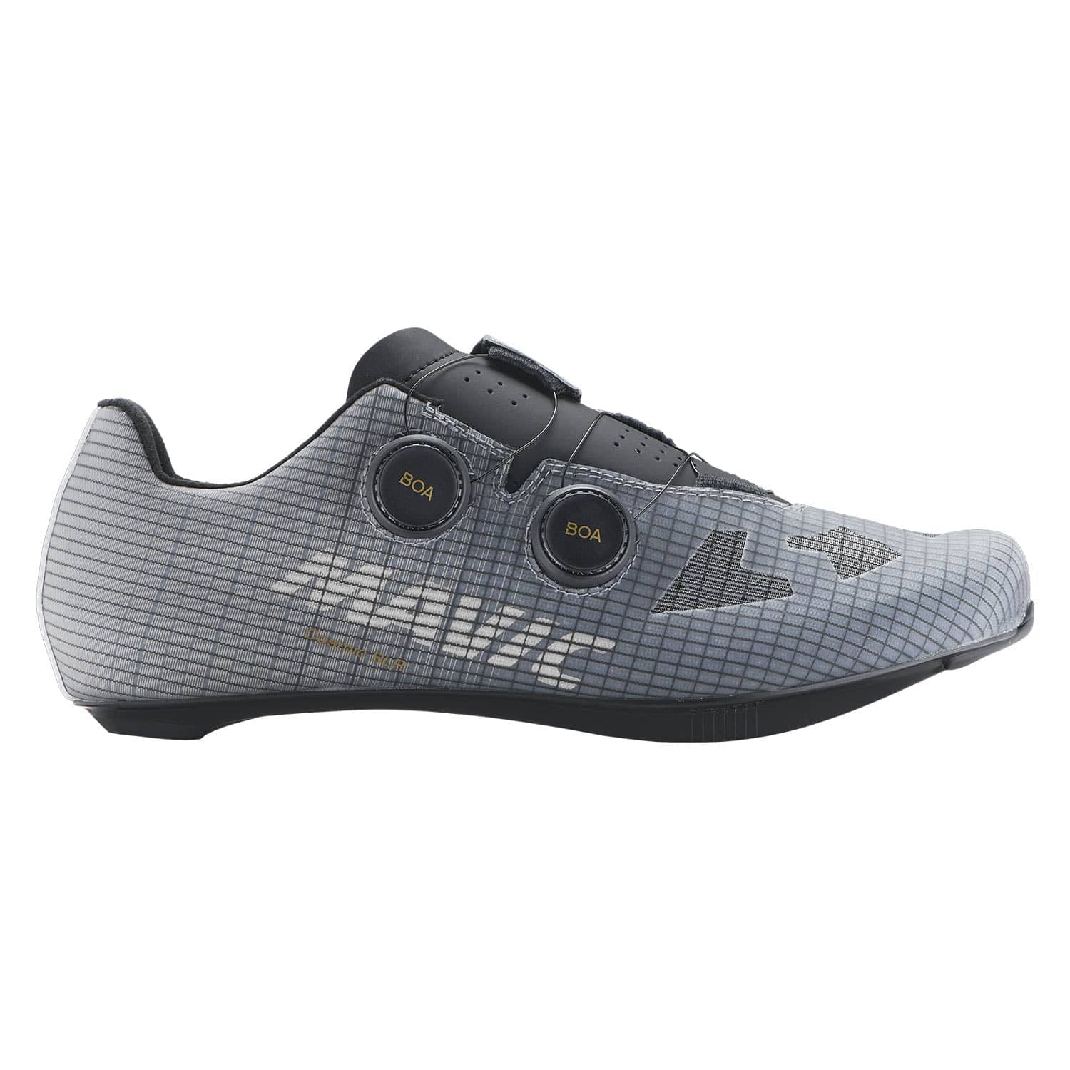 Mavic Cosmic SLR Black Gold road cycling shoes with dual BOA fit system, showing sleek black and gold design and secure closure.