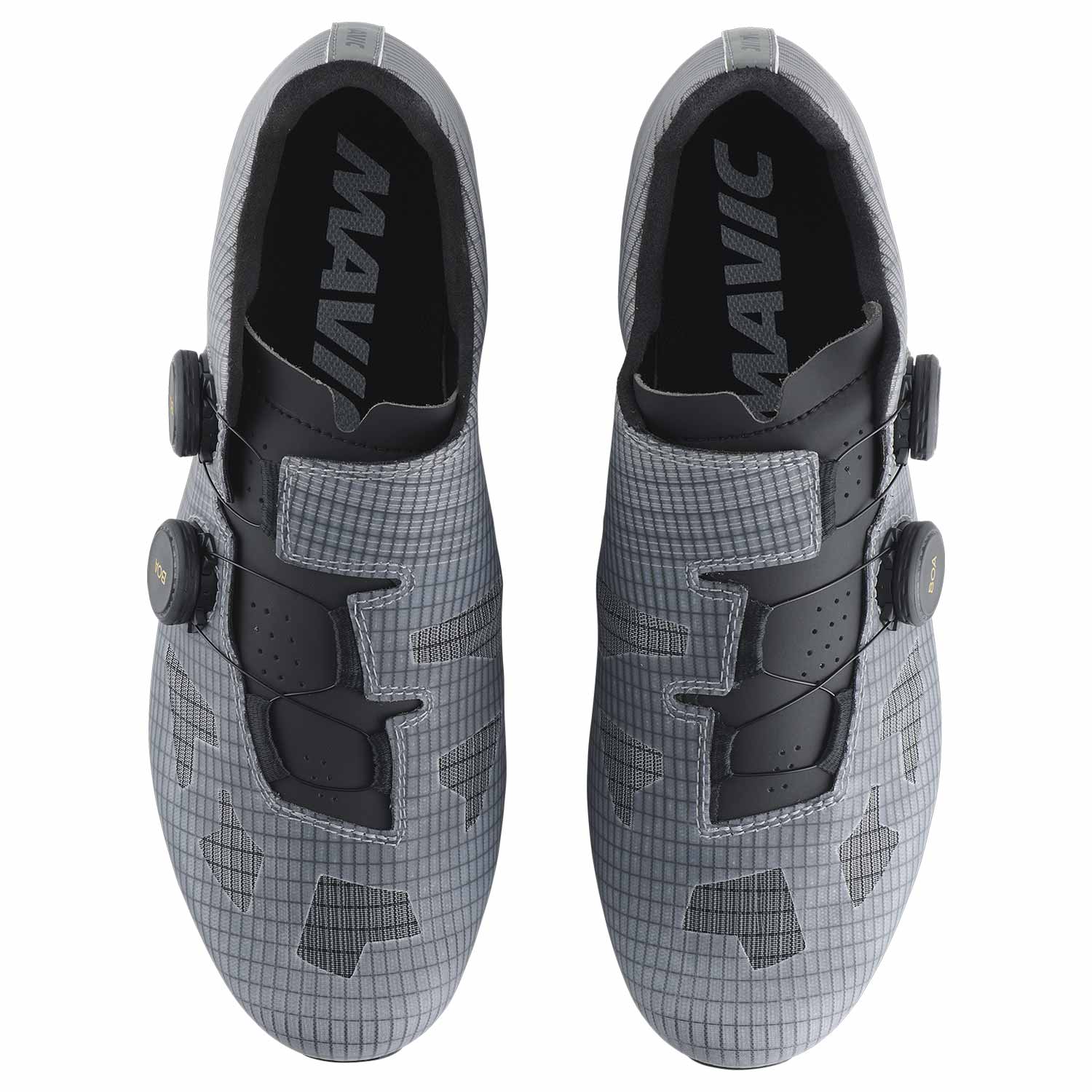 Mavic Cosmic SLR Black Gold road cycling shoes with dual BOA fit system and sleek design, showing the shoes from the side angle.